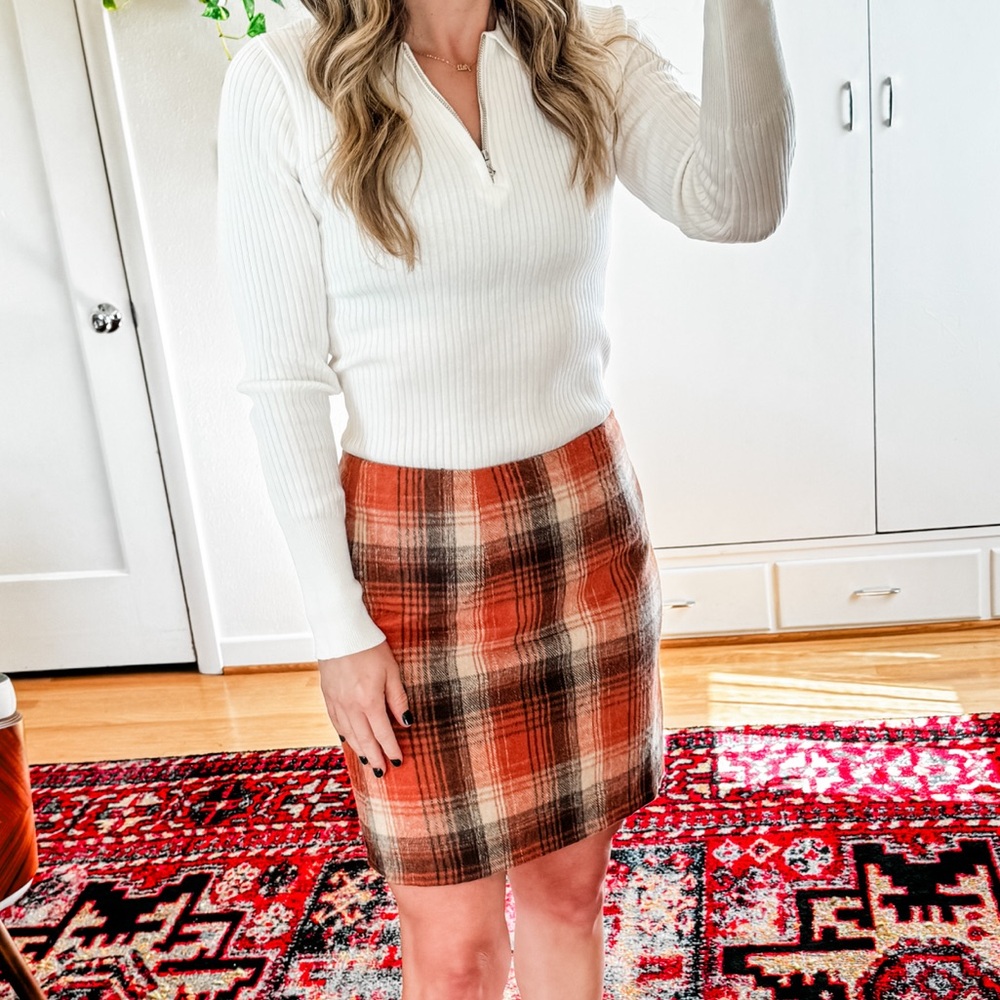 NWOT MIDI Plaid Wool Orange Skirt Sz Small